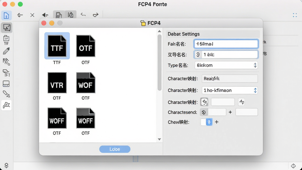 一张展示FCP4字体编辑软件导入导出功能的界面截图,画面中软件窗口内有一个文件选择对话框,左侧列出TTF、OTF、WOFF等格式图标,右侧显示导出设置面板,包含字体命名和字符映射选项,界面风格清爽,布局规整,画质清晰,干净无多余元素