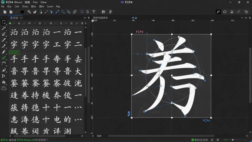 一张展示FCP4字体编辑软件主界面的预览图,画面中央是软件窗口,左侧为字形网格列表,右侧为贝塞尔曲线编辑画布,画布上显示一个正在调整笔画的中文字符,界面简洁现代,深色主题,顶部有菜单栏和工具栏,底部有状态提示,整体风格专业干净,画质清晰,无多余元素