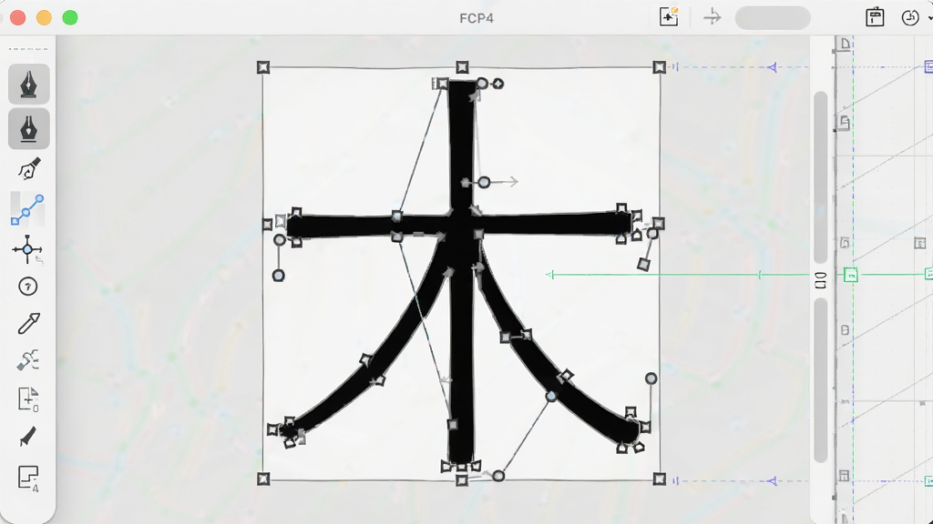 一张展示FCP4字体编辑软件贝塞尔曲线编辑功能的界面截图,画面中央是一个放大的中文字符轮廓,上面分布着多个可拖拽的节点和控制手柄,左侧有工具栏显示钢笔和节点工具图标,右侧有网格和参考线,界面采用浅色主题,风格专业简洁,画质清晰,无多余元素