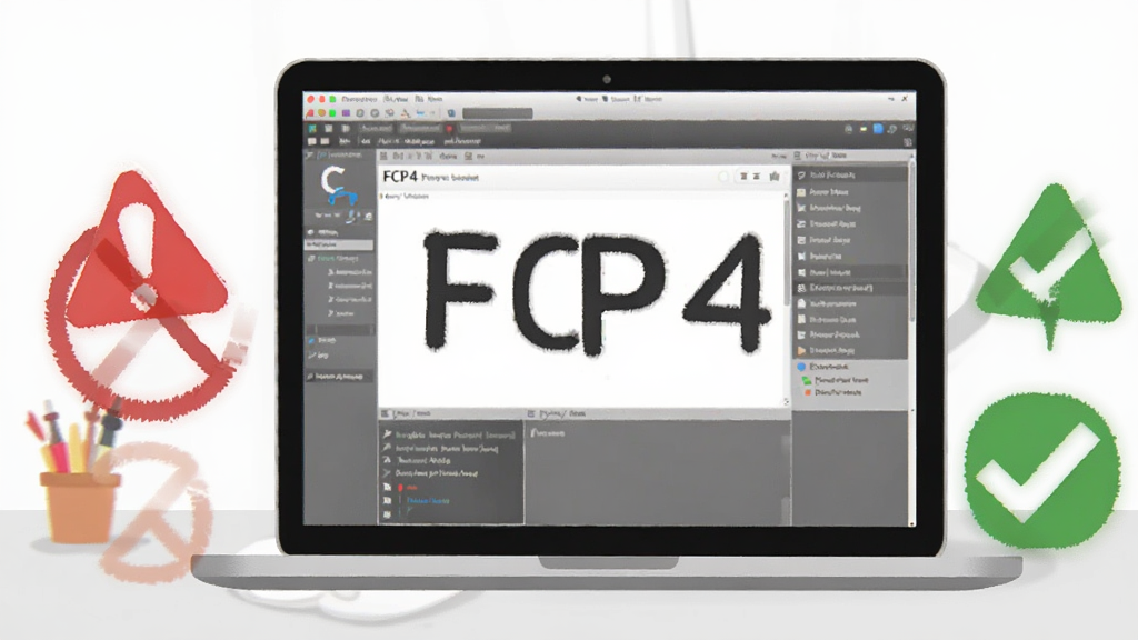 一张展示FCP4字体编辑软件运行注意事项的示意图,画面中一台笔记本电脑屏幕上显示软件界面,旁边有红色警告图标和绿色对勾图标,分别代表禁止操作和推荐操作,背景为简洁的办公桌面,风格扁平化,画质清晰,无多余元素