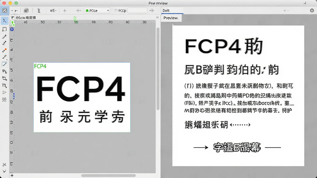 一张展示FCP4字体编辑软件实时预览功能的界面截图,画面左侧是字形编辑区,右侧是预览窗口,预览窗口中显示一段包含多个字符的测试文本,分别以标题、正文和字幕样式呈现,界面风格简约,配色柔和,画质清晰,无多余元素