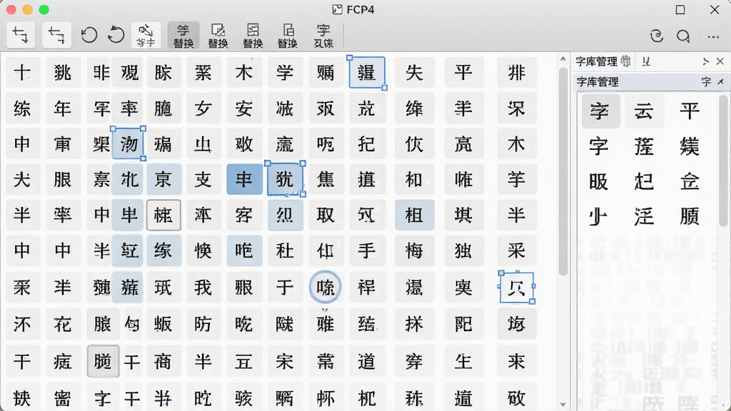 一张展示FCP4字体编辑软件批量字符处理功能的界面截图,画面中软件窗口内以网格形式排列着大量中文字符缩略图,部分字符被选中并高亮显示,顶部有批量操作工具栏,包含缩放、旋转、替换等按钮,右侧有字库管理面板,界面布局整齐,风格现代,画质清晰,干净无多余元素