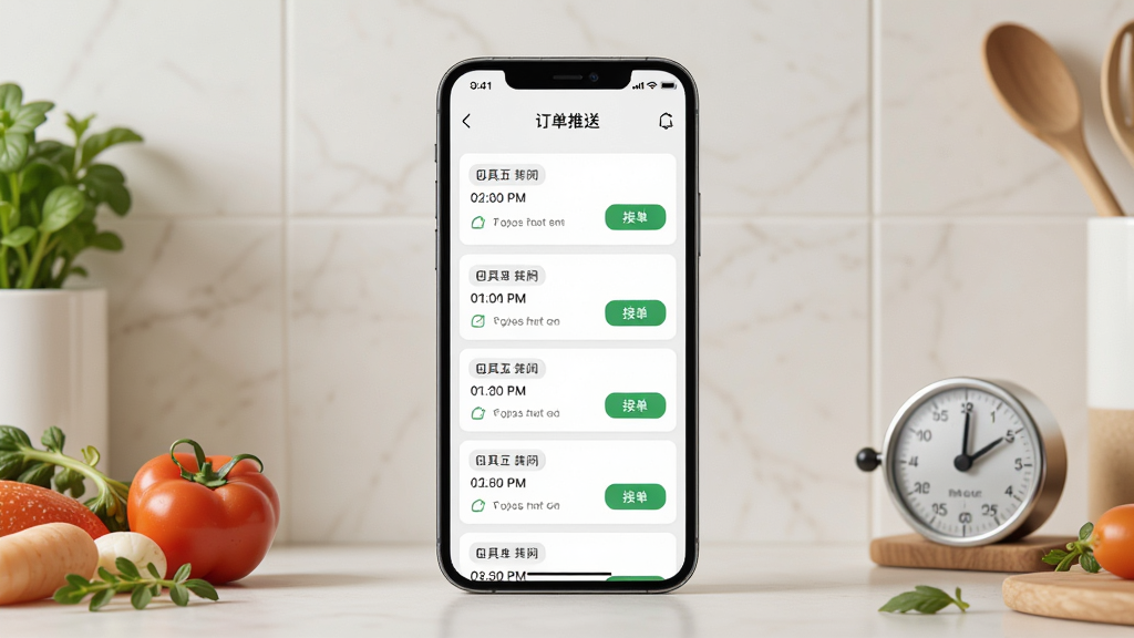 一席御厨厨师端订单推送界面,手机屏幕显示多条订单卡片,每条卡片带有时间标签与接单按钮,背景为浅色厨房墙面,画面中央放置手机,周围点缀食材与计时器,布局简洁,风格现代,细节清晰,画质高清,干净,无多余元素