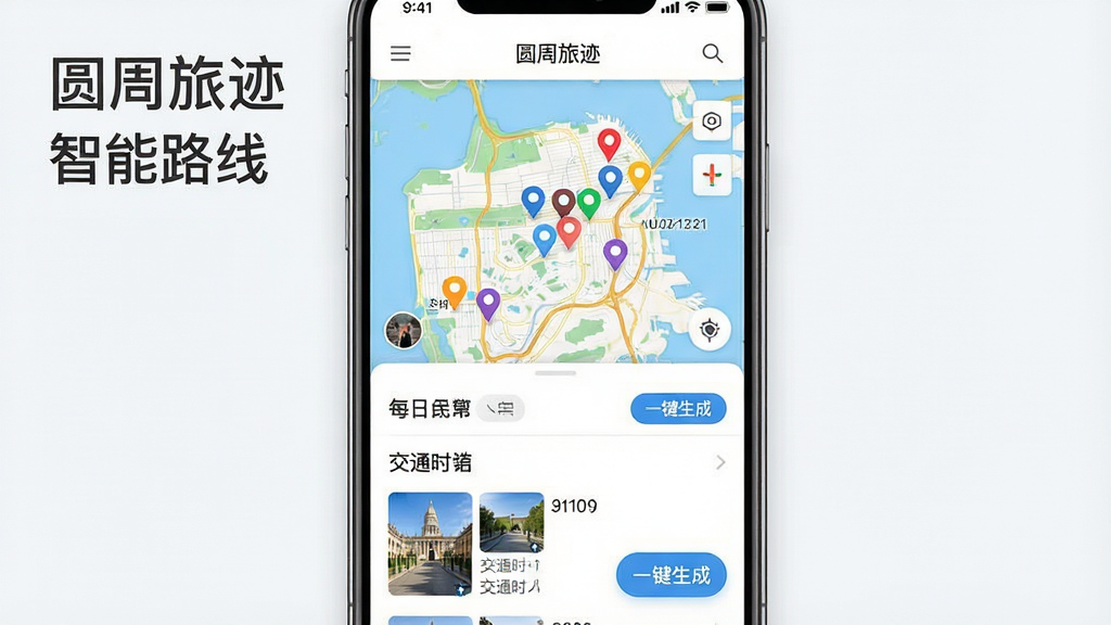 一张展示圆周旅迹智能路线生成功能的界面截图,主体为手机屏幕,布局上屏幕中央显示一张带有多个彩色标记点的城市地图,下方是自动生成的每日行程列表,风格为清爽的移动端UI设计,细节包括日期标签、景点缩略图、交通时长文字和“一键生成”按钮,画质高清,画面中文字标注“圆周旅迹”和“智能路线”,干净无多余元素。