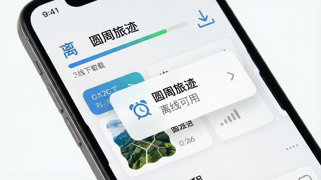 一张展示圆周旅迹离线行程与实时提醒功能的手机界面图,主体为手机屏幕,布局上屏幕显示离线下载进度条与提醒弹窗,风格为简洁明亮的移动端设计,细节包括下载箭头图标、行程卡片缩略图、闹钟提醒标识和信号强度提示,画质清晰,画面中文字标注“圆周旅迹”和“离线可用”,干净无杂乱元素。