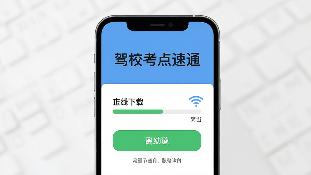 软件名称“驾校考点速通”显示在画面中央,主体为手机屏幕展示离线下载完成界面,布局上下结构,上方为软件名称,下方为下载进度条与WiFi图标,排版简洁,风格为扁平化设计,细节包括绿色下载按钮、离线标识、流量节省提示,画质高清,干净,无多余元素
