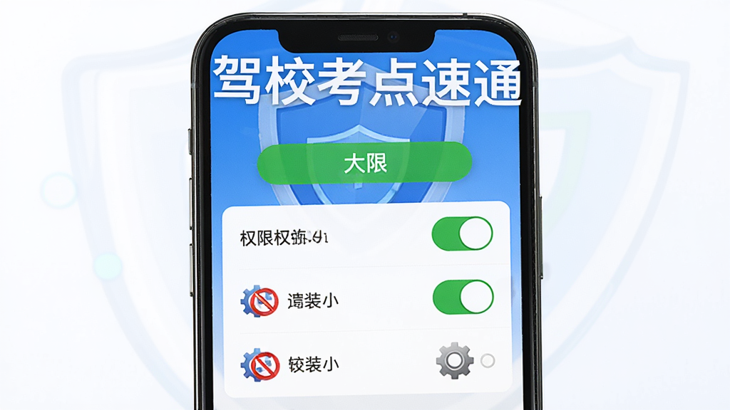 软件名称“驾校考点速通”文字位于画面中央,主体为手机屏幕展示安装权限设置界面,布局上下结构,上方为软件名称,下方为权限开关列表与安全盾牌图标,排版清晰,风格为安全防护风,细节包括绿色允许按钮、红色禁止标识、设置齿轮,画质高清,干净,无多余元素