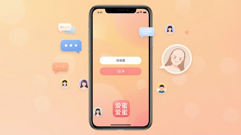 一张展示爱蜜社交软件主界面的手机屏幕截图,画面中央是登录页面,背景为柔和的暖色调渐变,底部有“爱蜜”应用图标和名称“爱蜜”文字,周围点缀着聊天气泡和用户头像图标,整体风格清新现代,画质清晰,干净无多余元素