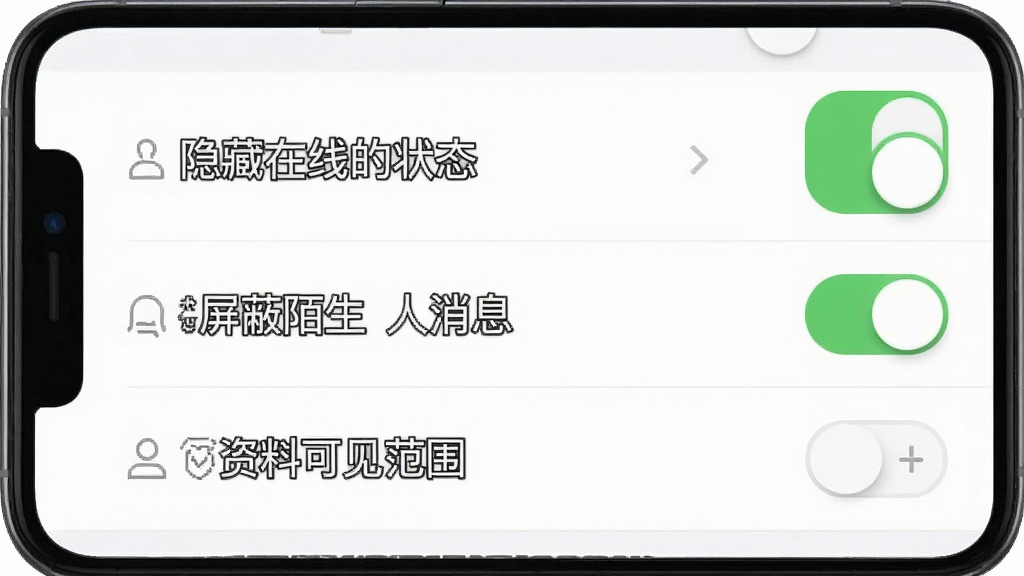 一张展示爱蜜隐私设置页面的手机截图,屏幕上显示多个开关按钮和选项列表,如“隐藏在线状态”“屏蔽陌生人消息”“资料可见范围”等,背景为白色,图标为绿色和灰色,风格简约安全,画质清晰,干净无多余元素