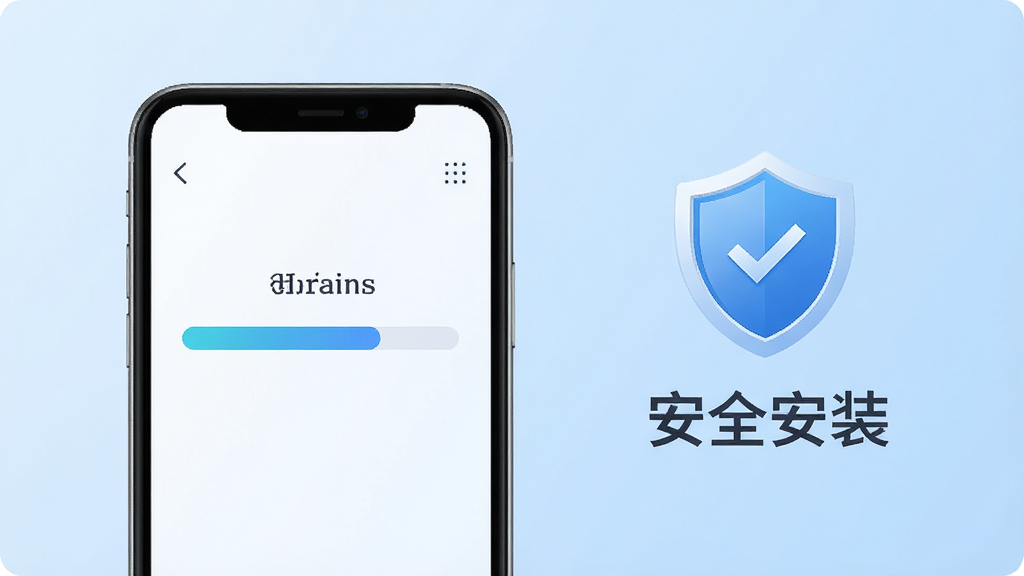 一张展示爱蜜在手机上安装过程的示意图,画面中一部手机屏幕显示安装进度条,旁边有盾牌图标和“安全安装”文字,背景为浅蓝色渐变,风格简洁科技感,画质清晰,干净无多余元素