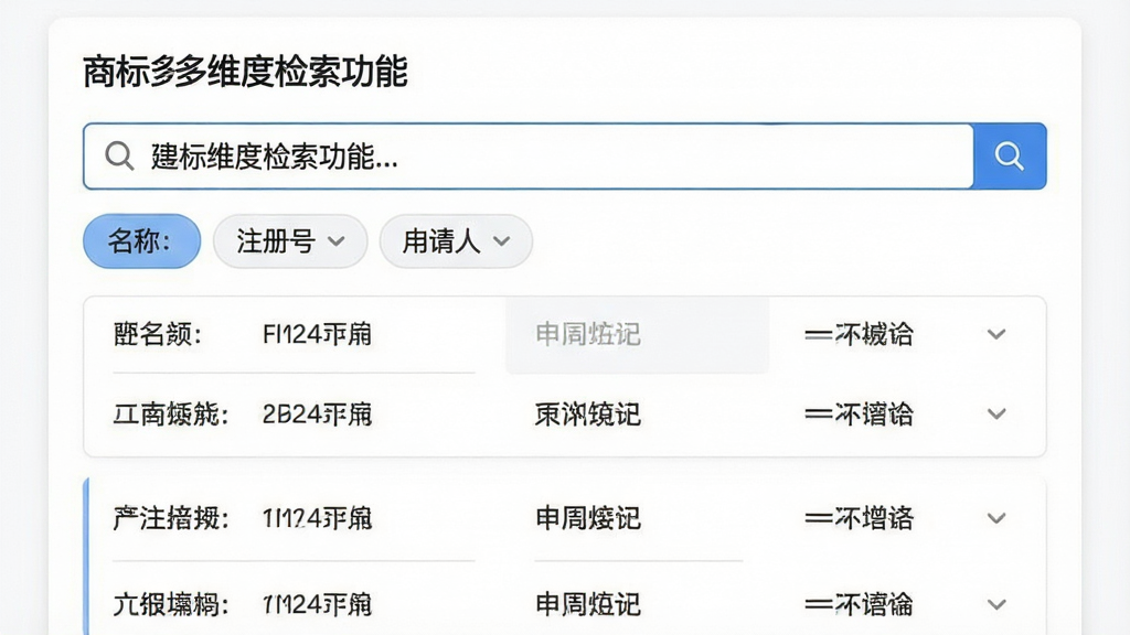 一张展示商标多维度检索功能的界面截图,画面中搜索框内输入了关键词,下方出现按名称、注册号、申请人分类的筛选标签,结果列表清晰排列,背景为白色卡片式布局,风格干净商务,画质清晰,无多余元素