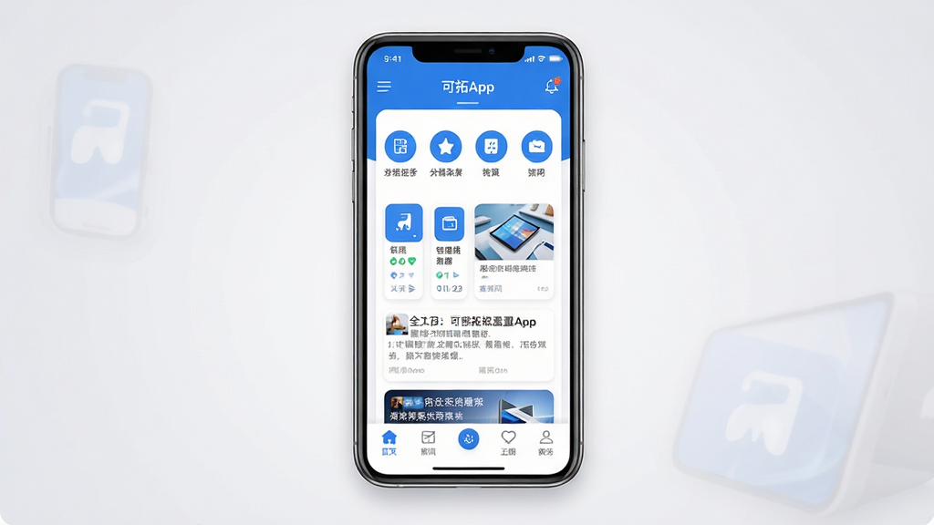 可拓App主界面全貌预览图,画面中央展示一部智能手机,手机屏幕上呈现可拓App的首页布局,包含底部导航栏、功能图标与资讯卡片,整体采用蓝白配色风格,界面干净清爽,背景为淡灰色渐变,主体突出,布局居中,风格现代简约,细节清晰展示图标与文字排版,画质高清,干净无多余元素