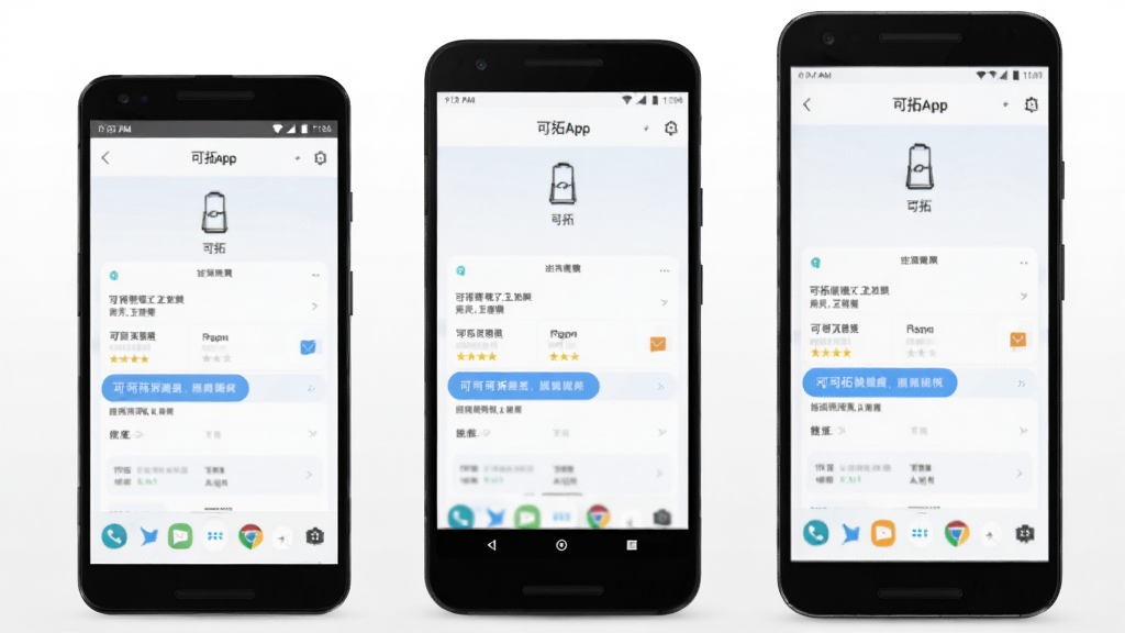可拓App移动端适配优化展示图,画面中央展示三部不同尺寸的安卓手机并排排列,每部手机屏幕均显示可拓App的界面,布局对称,背景为白色渐变,风格清新简约,细节展示屏幕边框与界面元素,画质高清,干净无多余元素