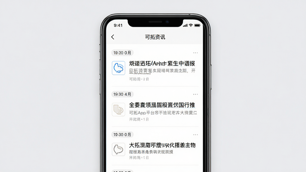 可拓App平台资讯推送界面预览图,画面中央展示手机屏幕内可拓App的资讯列表页面,包含时间标签与标题文字,布局纵向排列,背景为淡灰色,风格素雅极简,细节展示文字排版与分割线,画质高清,干净无多余元素