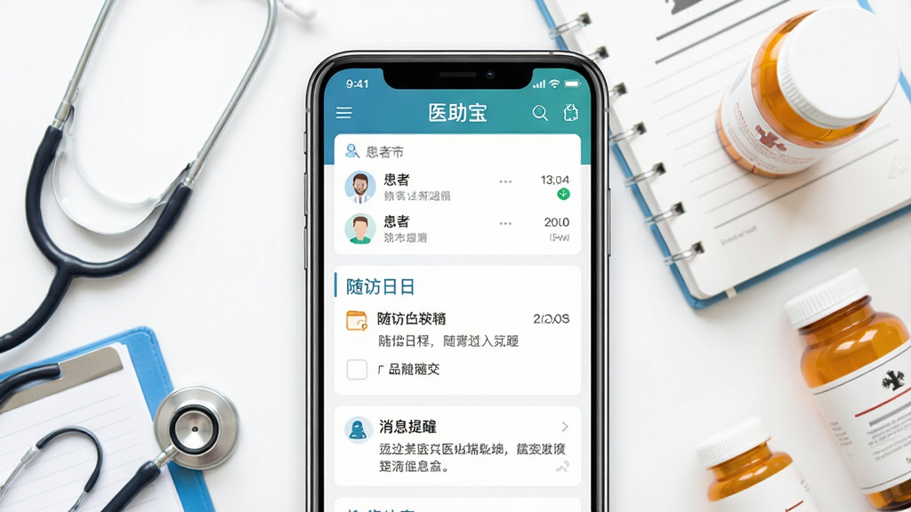 一张展示医助宝医生端软件核心全貌的图片,画面中央是一部智能手机,屏幕上显示医助宝医生端APP的主界面,界面中包含患者列表、随访日程和消息提醒等模块,手机周围环绕着听诊器、病历本和药瓶等医疗元素,整体采用干净的白色背景,排版为居中构图,风格为现代扁平化设计,细节上突出手机屏幕内的软件界面清晰可见,画质高清,画面干净,无多余元素