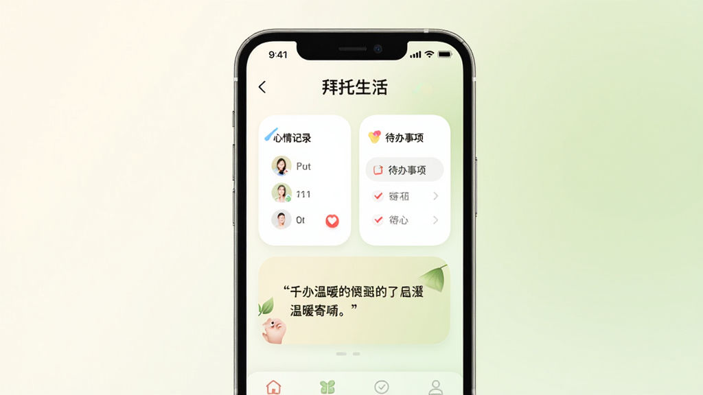一款名为“拜托生活”的手机应用界面展示,画面中央是一个简洁的卡片式布局,包含心情记录、待办事项和一句温暖的寄语,背景是柔和的米白色与浅绿色渐变,风格清新治愈,UI设计圆润现代,画质高清,干净无多余元素