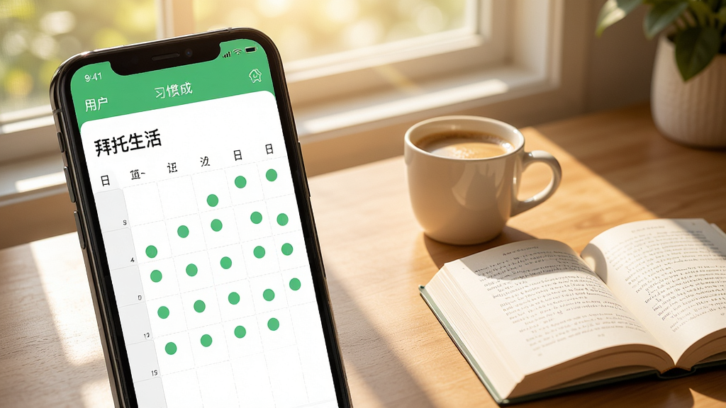 在“拜托生活”应用中,一个用户正在查看自己的习惯养成日历,日历上布满了代表完成的绿色小圆点,旁边有一杯咖啡和一本翻开的书,阳光透过窗户洒在桌面上,画面风格温馨写实,画质清晰,干净整洁,突出生活气息