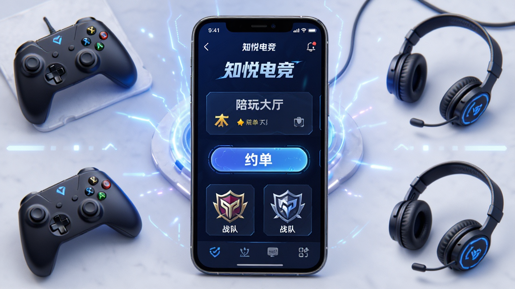 主体为一部智能手机,屏幕中显示“知悦电竞”应用主界面,界面包含陪玩大厅、约单按钮、战队图标等元素,布局居中,背景为深蓝色电竞风格光效,排版简洁,风格为科技感UI展示图,细节包含游戏手柄、耳机、发光线条装饰,画质为高清渲染,干净,无多余元素