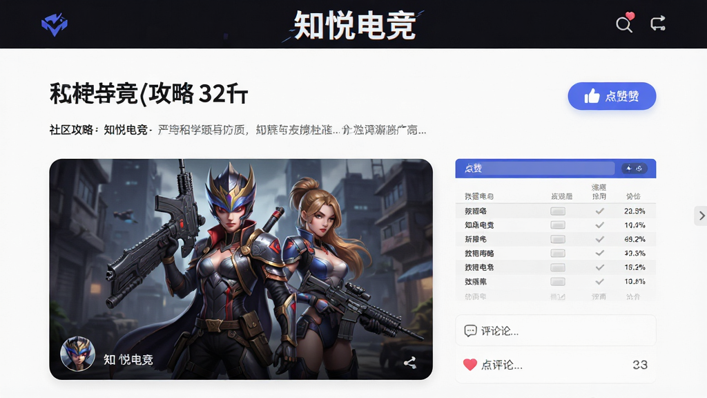 主体为社区攻略页面,页面顶部写有“知悦电竞”字样,布局为图文混排,排版包含攻略标题、点赞按钮、评论区域,风格为现代资讯流,细节包含游戏角色插图、数据表格,画质高清,干净,无多余元素