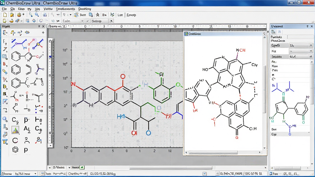一张展示 ChemBioDraw Ultra 软件界面的全景图,主体为居中的分子结构编辑窗口,左侧工具栏排列着化学键、环状结构和元素符号图标,右侧显示一个复杂的有机分子结构式,底部状态栏显示化学式与分子量信息,整体布局采用经典软件界面排版,风格为专业科技感,细节包含清晰的菜单栏、绘图区网格和属性面板,画质高清,画面干净,无多余元素