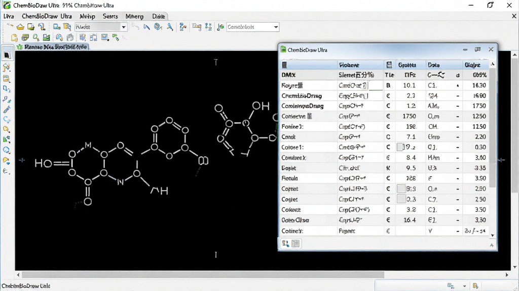 ChemBioDraw Ultra 软件中理化数据联动功能的界面截图,主体为分子结构式旁边悬浮着数据面板,布局为左侧结构式、右侧数据表格,风格为数据可视化,细节包含分子量、元素百分比、化学式等数值显示,画质高清,画面干净,无多余元素