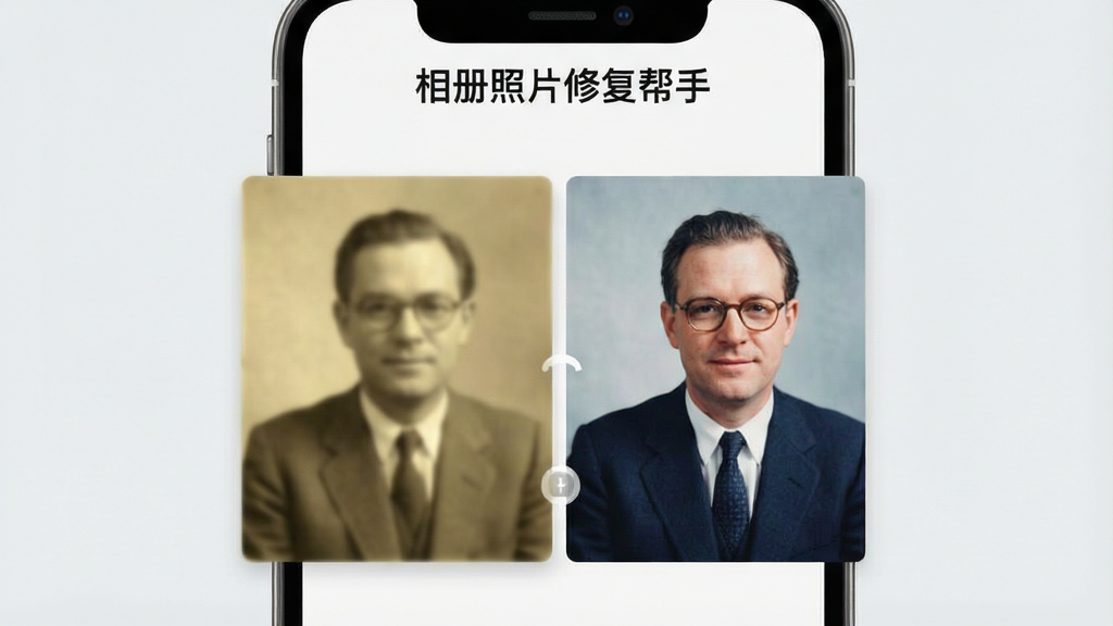 一张展示相册照片修复帮手软件界面的手机截图,画面中央是修复前后的老照片对比效果,左侧为泛黄模糊的老照片,右侧为清晰色彩鲜艳的修复后照片,手机屏幕上方显示软件名称“相册照片修复帮手”字样,背景为简洁的浅灰色,整体风格干净现代,画质清晰,无多余元素
