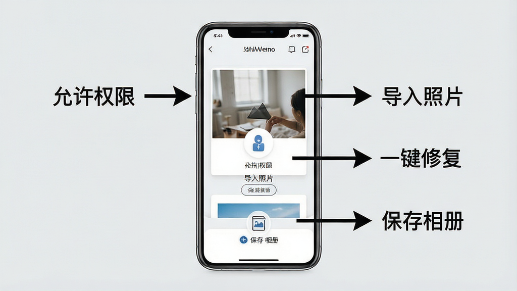 一张展示相册照片修复帮手使用指南的示意图,画面中一部手机屏幕上显示软件操作步骤,旁边有箭头标注“允许权限”“导入照片”“一键修复”“保存相册”等文字,背景为浅灰色,风格简洁明了,画质清晰,无多余装饰