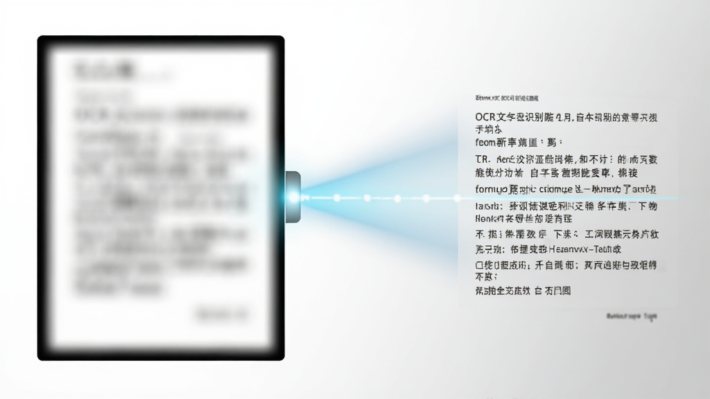 一张展示OCR文字识别过程的示意图,画面左侧是一张模糊的扫描文档图片,中间经过一个发光的扫描光束,右侧变成清晰的可编辑文本。背景是白色到浅灰色的渐变,风格科技简约,细节清晰,画质干净,无多余元素。