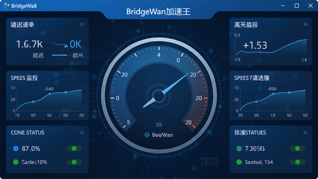 一张展示BridgeWan加速王实时网络监测面板的图片,主体为软件仪表盘界面,布局为中央圆形仪表盘配合四周数据卡片,排版对称,风格为科技蓝配色,细节包括延迟数值、速度曲线和连接状态指示灯,画质高清,画面干净,无多余元素