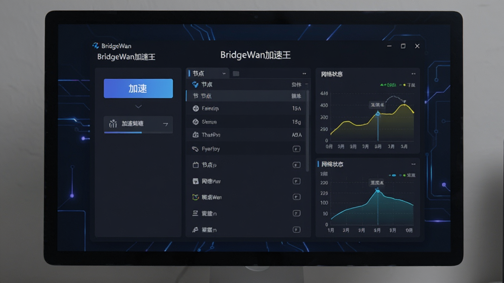 一张展示BridgeWan加速王软件界面的图片,主体为电脑屏幕中央显示BridgeWan加速王主界面,布局为软件窗口居中,上方有软件名称