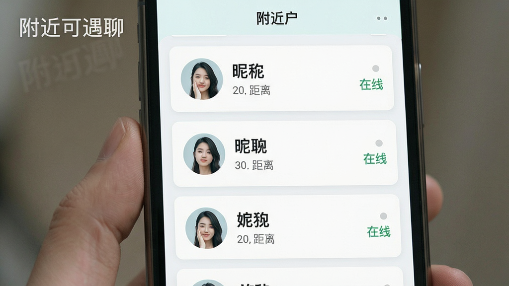 一张附近可遇聊功能展示图,画面主体是手机界面中附近用户列表,每个卡片显示头像、昵称、距离和在线状态,布局为纵向滚动列表,排版整齐,风格为清新浅色系,细节包含“附近可遇聊”软件名称水印,画质清晰,干净,无多余元素