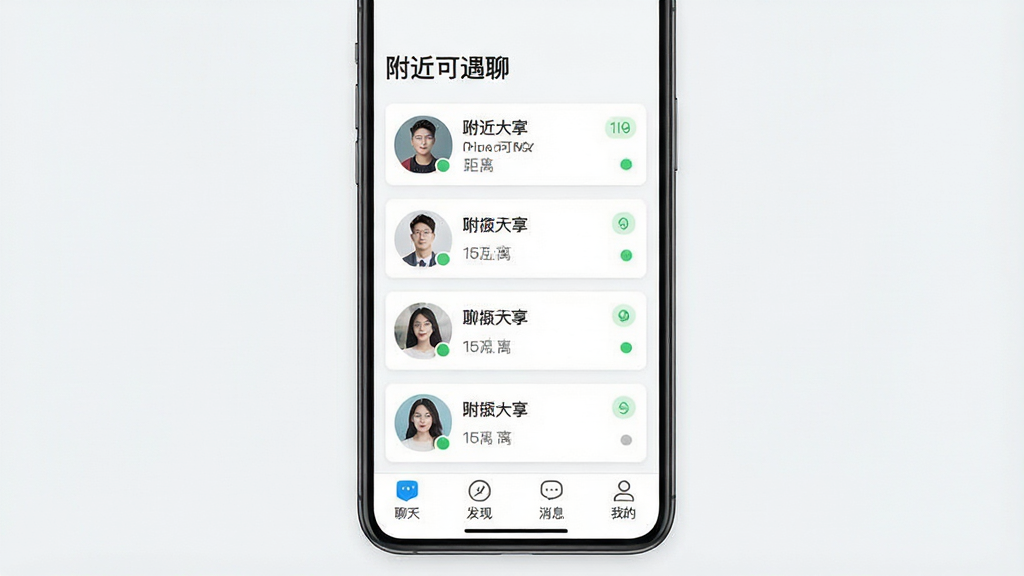 一张手机屏幕展示附近可遇聊主界面,画面中央是附近用户头像卡片列表,顶部显示“附近可遇聊”文字标识,底部有聊天、发现、消息、我的四个图标,整体布局简洁,排版清晰,风格为现代扁平化UI设计,细节包含距离标签与在线状态小圆点,画质高清,干净,无多余元素
