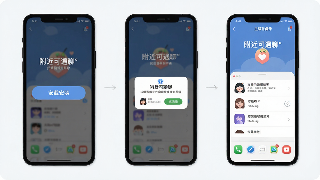 一张手机操作步骤示意图,画面展示从下载安装到打开附近可遇聊的流程,包含安装按钮、权限弹窗、主界面三个手机屏幕,布局为横向排列,排版清晰,风格为简约扁平,细节包含“附近可遇聊”文字,画质高清,干净,无多余元素