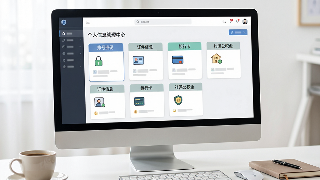 一张展示个人信息管理中心多类型信息归档功能的图片,画面主体是电脑屏幕,屏幕上显示软件界面中多个信息分类标签如“账号密码”“证件信息”“银行卡”“社保公积金”等,每个标签下有小卡片图标,界面整洁有序,风格偏商务简约,配色清爽,屏幕旁边放着一杯咖啡和笔记本,画面干净,高清画质