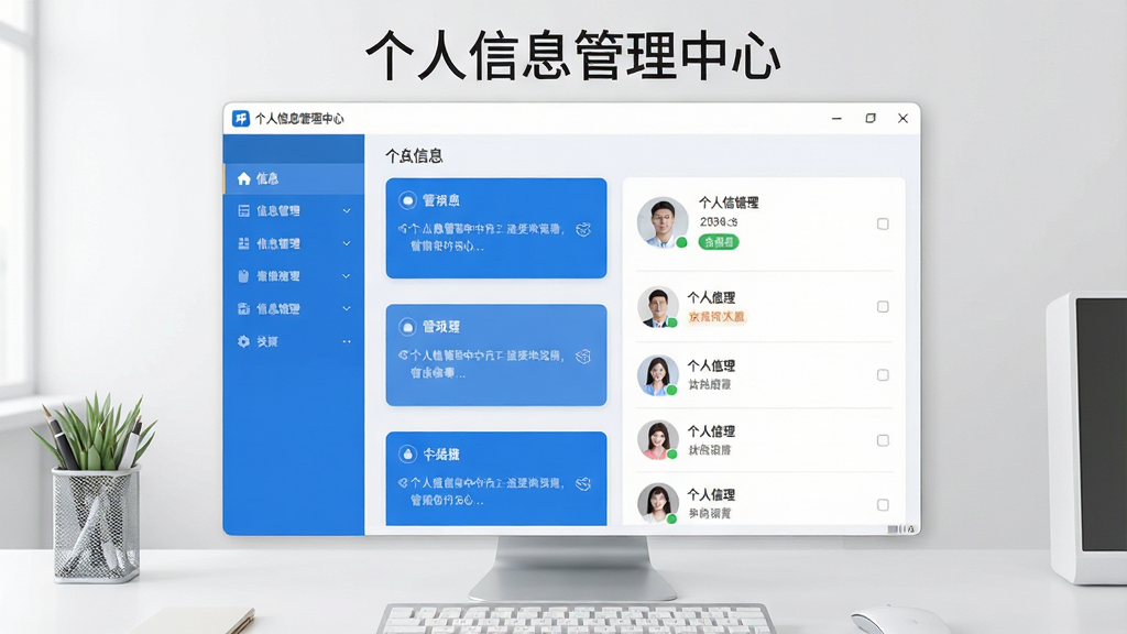一张展示个人信息管理中心软件主界面的图片,画面中央是软件窗口,窗口内呈现卡片式信息分类布局,左侧为导航栏,右侧为个人信息列表,整体风格简洁现代,配色以蓝白为主,屏幕上方有软件名称“个人信息管理中心”字样,背景为干净的办公桌面,画面清晰,无多余元素,高清画质