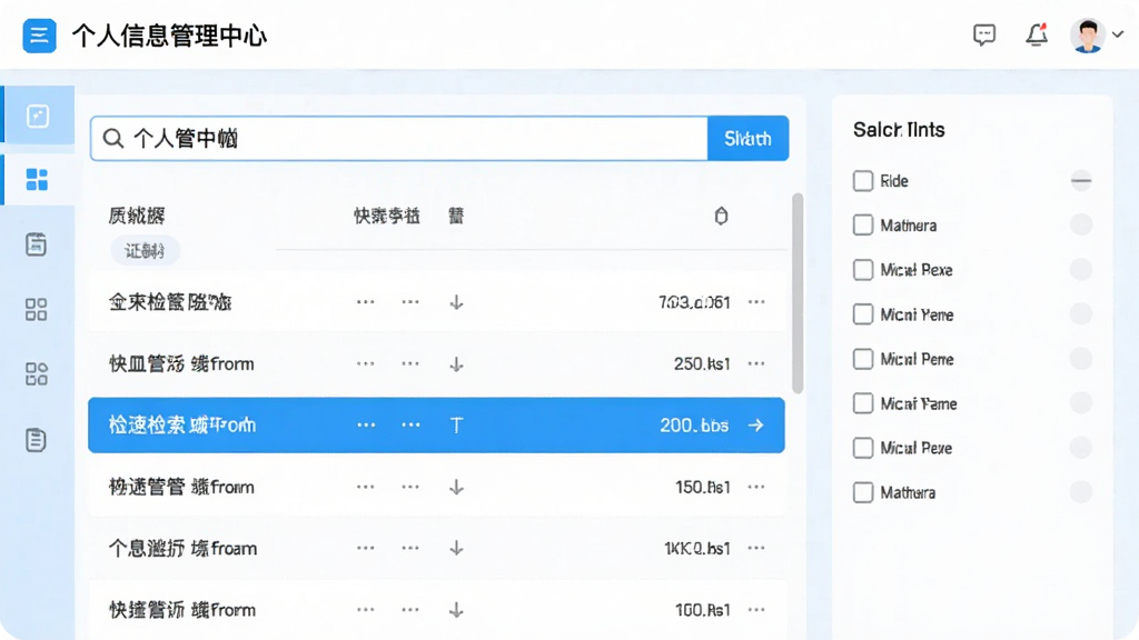 一张展示个人信息管理中心快速检索功能的图片,画面为软件搜索界面,搜索框内输入了关键词,下方列表高亮显示匹配结果,界面右侧有筛选条件选项,整体布局清晰,风格简约明亮,配色以白色和浅蓝为主,背景干净,高清画质