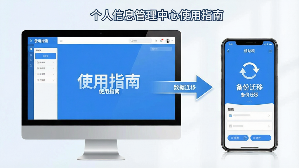 一张展示个人信息管理中心使用指南的图片,画面为电脑屏幕和手机屏幕并排显示,电脑端显示软件主界面,手机端显示移动端界面,中间有箭头表示数据迁移,界面文字包括“使用指南”“备份迁移”等,整体风格清新简洁,配色以蓝白为主,背景干净,高清画质