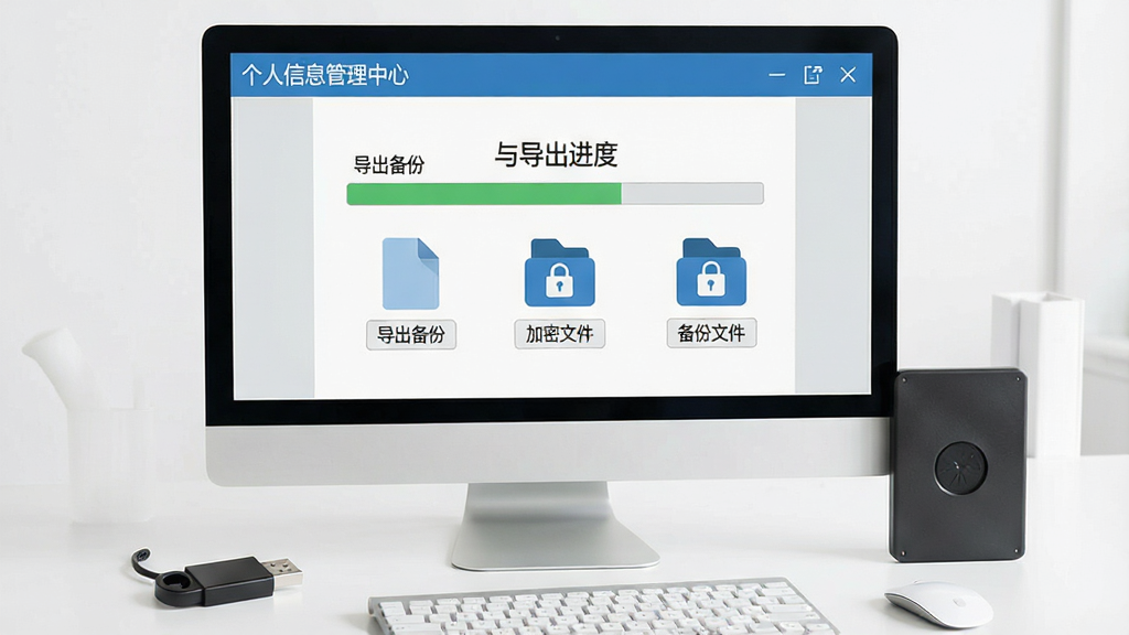 一张展示个人信息管理中心数据备份与导出功能的图片,画面中电脑屏幕上显示导出进度条和备份文件图标,旁边有U盘和移动硬盘,界面文字包括“导出备份”“加密文件”等,整体风格实用简洁,配色以蓝色和灰色为主,背景为干净的桌面,高清画质