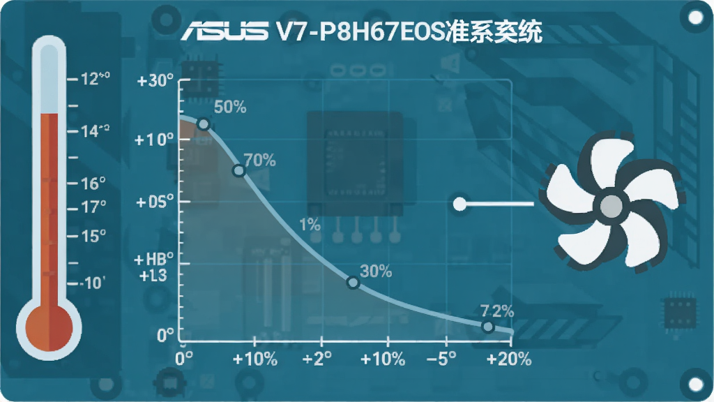 一幅展示华硕V7-P8H67E准系统主板BIOS系统稳定性修复的示意图,主体为温度曲线与风扇转速关系图表,布局为左侧温度计右侧风扇图标中间连接曲线,排版为信息图表风格,风格为扁平化设计,细节包含温度刻度、转速百分比、平滑曲线,画质清晰,干净,无多余元素