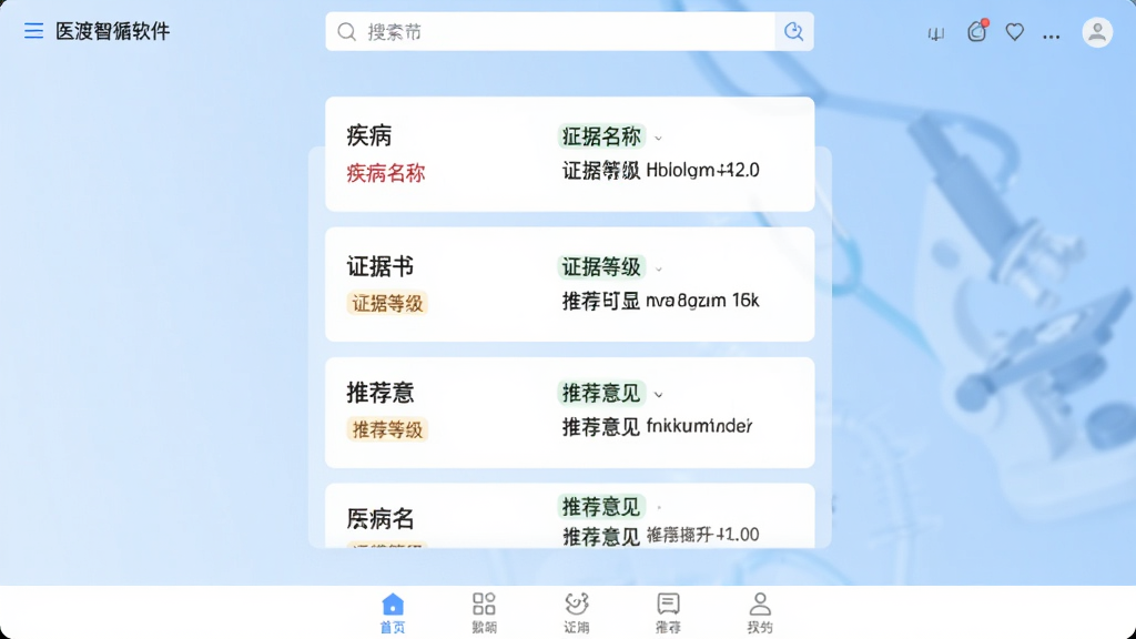 医渡智循软件主界面截图,画面中心展示简洁的医学知识卡片列表,包含疾病名称、证据等级标签和推荐意见摘要,背景为干净的浅蓝色渐变,顶部有搜索框,底部有导航栏,整体风格专业、清爽、现代,画质清晰,无多余元素