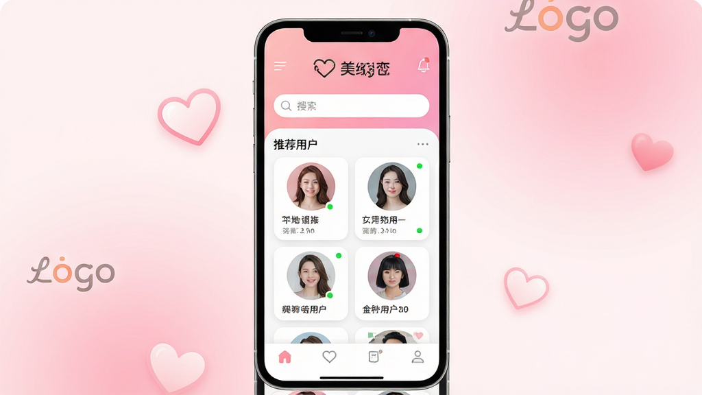 美缘婚恋应用主界面展示,主体为手机屏幕居中放置,屏幕内显示婚恋交友卡片列表与底部导航栏,布局采用上下结构上方为品牌Logo与搜索栏下方为推荐用户头像网格,排版简洁清晰,风格为现代扁平化UI设计,细节包括柔和的粉色与白色渐变背景、圆角卡片、在线状态小绿点,画质高清,干净,无多余元素