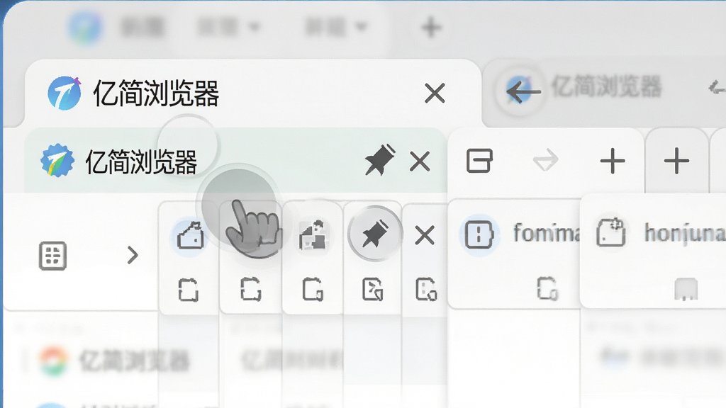 “亿简浏览器”多标签管理界面特写,主体为浏览器顶部的标签栏,布局为横向排列多个标签页,排版紧凑有序,风格为现代扁平化设计,细节包括标签页拖拽动画效果、固定标签的小图钉图标、关闭按钮、新建标签的加号按钮,画质为高清,干净,无多余元素