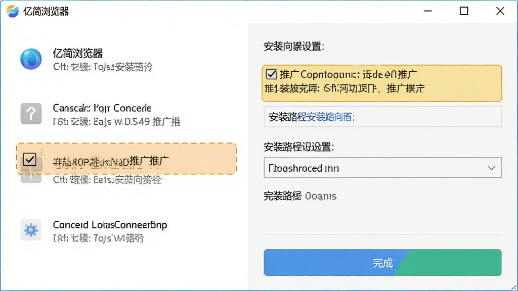 “亿简浏览器”安装向导界面与设置选项截图,主体为安装窗口与设置面板组合,布局为左侧安装步骤右侧设置项,排版清晰,风格为简洁工具风,细节包括取消勾选推广选项的高亮提示、安装路径选择框、完成按钮,画质为高清,干净,无多余元素
