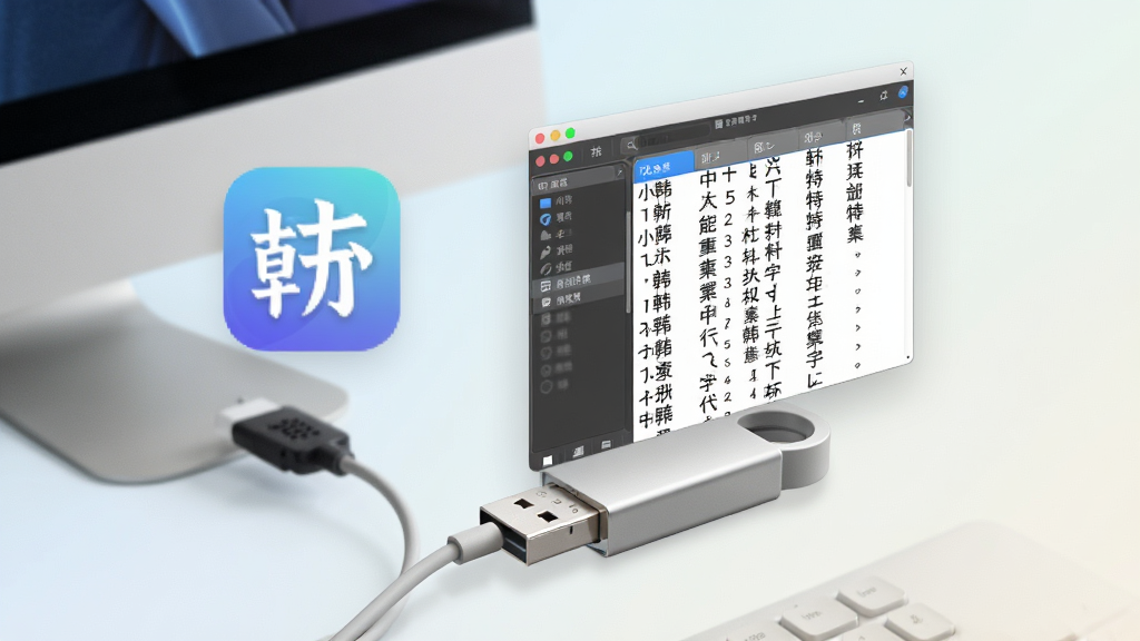 一张展示中日韩汉字超大字符集轻量便携特性的图片,主体是软件图标与U盘组合,布局为软件界面悬浮在U盘上方,排版简洁,风格为清新科技风,细节包括U盘连接电脑,软件窗口显示汉字列表,背景为浅色渐变,画质高清,干净,无多余元素