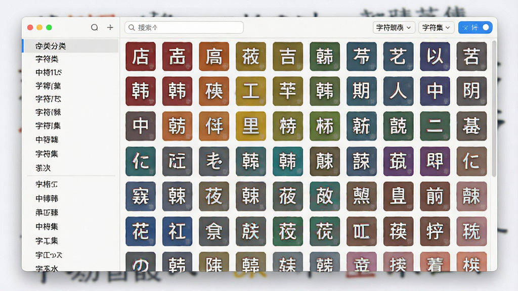 一张展示中日韩汉字超大字符集软件界面的图片,主体是软件窗口占据画面中央,布局为左侧字符分类导航栏,右侧为汉字网格展示区,排版整齐清晰,风格为现代简约科技风,细节包括汉字字符以不同颜色区分中日韩来源,窗口顶部有搜索框和字符集切换按钮,画质高清,干净,无多余元素