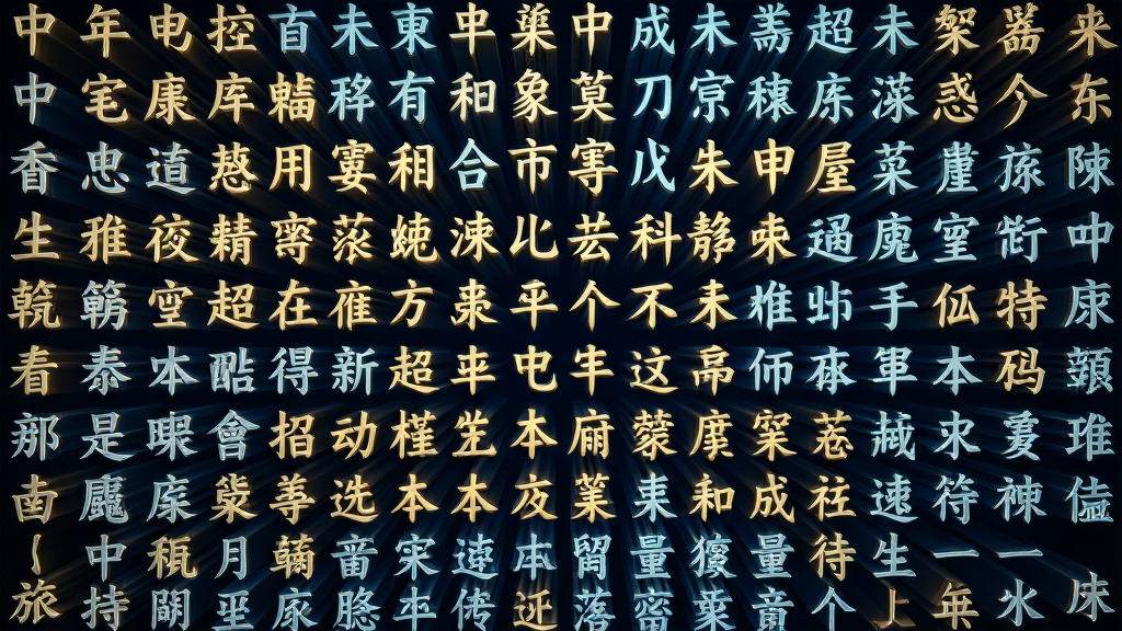 一张展示中日韩汉字超大字符集海量字符库的图片,主体是无数汉字字符组成的矩阵墙,布局为从中心向四周扩散的立体字符阵列,排版密集而有序,风格为科技感与传统文化融合,细节包括不同字体的汉字以金色和蓝色光芒呈现,背景深邃,画质高清,干净,无多余元素