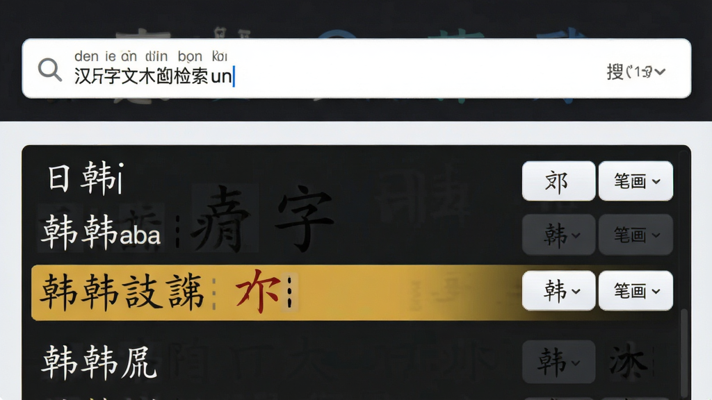 一张展示中日韩汉字超大字符集检索功能的图片,主体是软件检索界面,布局为上方搜索栏和下方结果展示区,排版清晰,风格为简洁实用风,细节包括搜索框内显示拼音输入,结果区高亮显示匹配汉字,旁边有部首和笔画筛选按钮,画质高清,干净,无多余元素