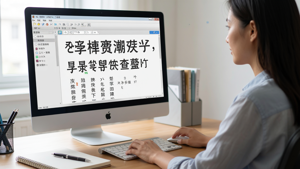 一张展示用户使用中日韩汉字超大字符集进行汉字查询的图片,主体是电脑屏幕显示软件界面,布局为人物坐在电脑前操作,排版自然,风格为日常办公场景,细节包括屏幕上显示汉字检索结果,旁边有笔记本和笔,画质高清,干净,无多余元素