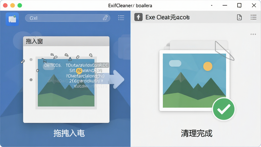 ExifCleaner一键清除功能演示,主体为软件操作界面与图片文件图标,布局为中心对称构图,排版呈现拖拽入窗与清理完成对比效果,风格为扁平化插画风,细节包括元数据字段消失动画、绿色对勾标识、图片画质不变标记,画质高清,干净,无多余元素