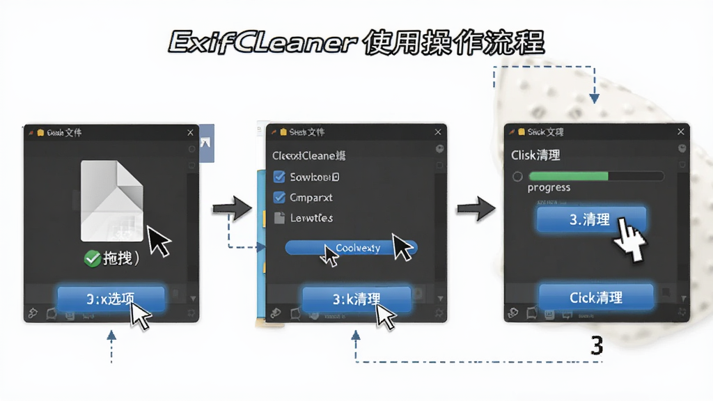 ExifCleaner使用操作流程,主体为电脑屏幕与软件界面,布局为分步演示构图,排版展示拖拽文件、勾选选项、点击清理三个步骤,风格为教程图解风,细节包括鼠标指针、高亮按钮、进度提示,画质高清,干净,无多余元素